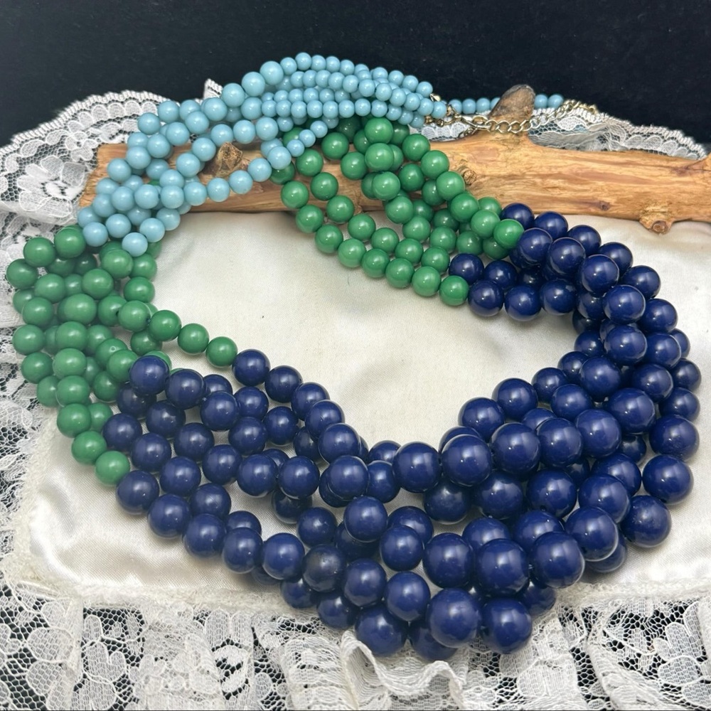 MULTI STRAND 30" NAVY BLUE GREEN AND BLUE BEADED STATEMENT CHUNKY NECKLACE